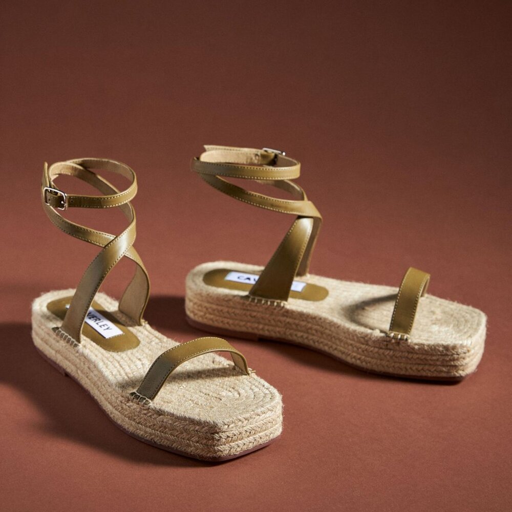 NIB CAVERLEY Jude Espadrille Leather Sandals in Moss, Size US Women 9.5 EU 40